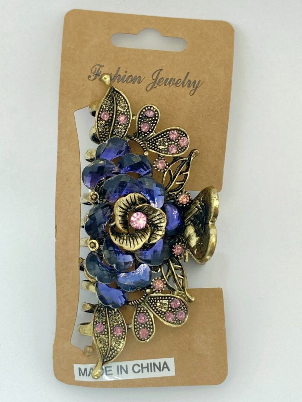 Vintage Style Metal Rose Claw Hair Clip Floral Motif Filigree Leaves Faux Gems